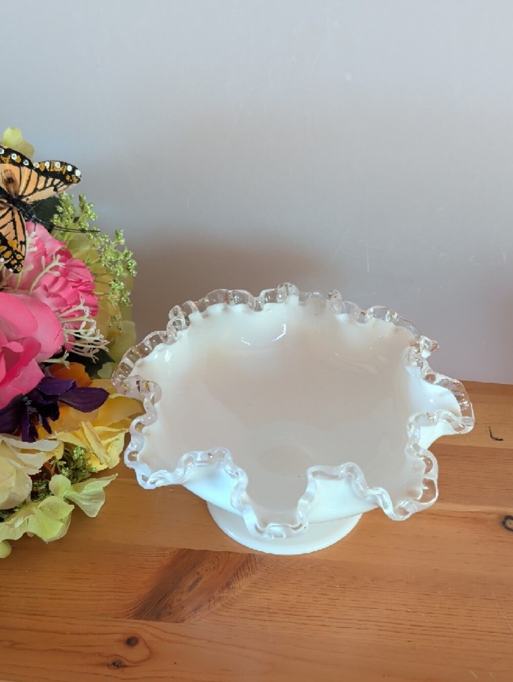VTG. Fenton, White crest Ruffled Edge Milk Glass Compote with Clear Crimped Rim.